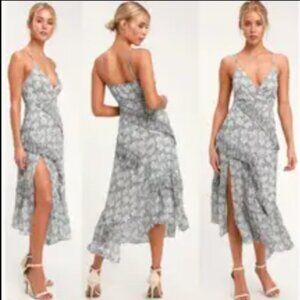 Lulus Ruffle Asymmetrical Tier Blue White Floral Midi Dress Slit Size M